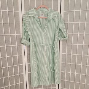 GAP Maternity Front Tie Dress Green and White Stripes 100% Cotten